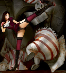 Rule 34 | alice: madness returns, alice (alice in wonderland), alice in wonderland, alice liddell (american mcgee&#039;s alice), american mcgee&#039;s alice, black hair, blade, blood, boots, gloves, high heel boots, high heels, highres, legs, panties, shoes, thighhighs, underwear, weapon