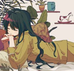 Rule 34 | 1girl, closed mouth, cup, closed eyes, green hair, ka (marukogedago), long sleeves, lying, mug, on bed, on stomach, original, pajamas, pants, pillow, plant, potted plant, shirt, solo, toy horse, yellow pajamas, yellow pants, yellow shirt