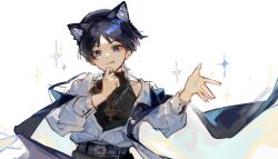 Rule 34 | 1boy, absurdres, adapted costume, animal ear fluff, animal ears, belt, black hair, black pants, black shirt, blue belt, blue cape, blunt ends, buttons, cape, cat ears, closed mouth, collarbone, collared shirt, covered collarbone, dichlorvos, eyeshadow, floral print, genshin impact, hands up, highres, jewelry, kemonomimi mode, long sleeves, looking at viewer, makeup, male focus, mandarin collar, necklace, no headwear, open clothes, open shirt, pants, parted bangs, puffy long sleeves, puffy sleeves, purple eyes, red eyeshadow, scaramouche (genshin impact), shirt, short hair, sleeveless, sleeveless shirt, smile, solo, sparkle, standing, star (symbol), tongue, tongue out, wanderer (genshin impact), white shirt