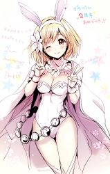 Rule 34 | 10s, 1girl, ;), akina tsukako, alternate costume, animal ears, anniversary, belly chain, blonde hair, blush, breasts, cape, cleavage, copyright name, detached collar, djeeta (granblue fantasy), double v, fake animal ears, flower, granblue fantasy, hair flower, hair ornament, hairband, happy birthday, jewelry, leotard, one eye closed, playboy bunny, rabbit ears, red eyes, sage (granblue fantasy), short hair, smile, solo, twitter username, v, wrist cuffs