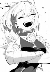 Rule 34 | 1girl, bandaged arm, bandages, blast-7, breasts, bun cover, closed eyes, commentary request, crossed arms, double bun, flower, greyscale, hair between eyes, hair bun, highres, ibaraki kasen, laughing, long bangs, medium breasts, monochrome, open mouth, rose, shirt, short hair, short sleeves, simple background, smile, solo, tabard, teeth, touhou, upper body