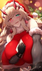 Rule 34 | 1girl, absurdres, bare shoulders, barghest (fate), black gloves, black pantyhose, blonde hair, breasts, christmas, dress, elbow gloves, fate/grand order, fate (series), fur trim, gloves, green eyes, hat, heart, heart-shaped pupils, heterochromia, highres, huge breasts, long hair, looking at viewer, pantyhose, parted lips, red dress, red eyes, red hat, santa costume, santa hat, shiroshisu, smile, solo, symbol-shaped pupils