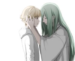 Rule 34 | 2boys, androgynous, bad id, bad pixiv id, blonde hair, child, child gilgamesh (fate), closed eyes, eda (1rinkuma), enkidu (fate), fate/hollow ataraxia, fate/strange fake, fate (series), gilgamesh (fate), green hair, hand on another&#039;s head, long hair, male focus, multiple boys, short hair, simple background, white background