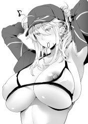 Rule 34 | 1girl, ahoge, armpits, arms behind head, arms up, artoria pendragon (fate), baseball cap, bikini, blush, breasts, cleavage, closed mouth, collarbone, cropped jacket, fate/grand order, fate (series), greyscale, hair between eyes, hair through headwear, hat, large breasts, long hair, long sleeves, looking at viewer, monochrome, mouth hold, mysterious heroine x (fate), mysterious heroine xx (fate), nipple slip, nipples, open clothes, ponytail, shrug (clothing), sidelocks, simple background, smile, soba (saz), solo, swimsuit, tying hair, white background, zipper pull tab