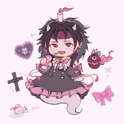 Rule 34 | 1other, alternate costume, androgynous, black hair, can, candle, chibi, dress, energy drink, fangs, ghost, ghost tail, hairband, holding, holding can, horns, lamp, len&#039;en, monster energy, red eyes, short hair, simple background, solo, taira no chouki, white background