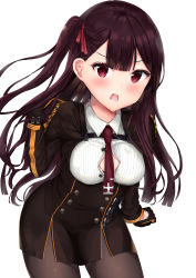 Rule 34 | 1girl, bachibachi (tisen), black gloves, black jacket, blush, breasts, brown pantyhose, collared shirt, cowboy shot, framed breasts, girls&#039; frontline, gloves, hair ribbon, hand up, highres, jacket, long hair, long sleeves, looking at viewer, medium breasts, necktie, one side up, open mouth, pantyhose, purple hair, red eyes, red necktie, red ribbon, ribbon, shirt, simple background, solo, standing, v-shaped eyebrows, wa2000 (girls&#039; frontline), white background, white shirt, wing collar