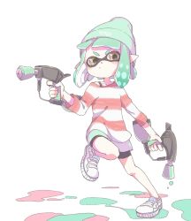 Rule 34 | 1girl, aqua hair, aqua hat, bafarin, beanie, bike shorts, black footwear, brown eyes, commentary request, dual wielding, full body, hat, highres, holding, inkling, inkling girl, inkling player character, looking at viewer, mask, monster girl, multicolored shirt, nintendo, paint, pointy ears, red shirt, shirt, shoes, short hair, simple background, sneakers, solo, standing, standing on one leg, strap, striped clothes, striped shirt, t-shirt, tentacle hair, white background, white footwear, white shirt