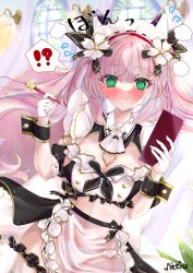 Rule 34 | 1girl, @ @, absurdres, alternate costume, animal ear fluff, animal ears, apron, artist name, azur lane, blush, closed mouth, commentary request, curtains, detached sleeves, embarrassed, enmaided, fox ears, fox girl, frilled apron, frills, full-face blush, gloves, green eyes, half gloves, hanazuki (azur lane), highres, holding, holding pen, indoors, long hair, looking at viewer, maid, maid headdress, microsoft windows, midriff, nako nya, navel, pen, pink hair, puffy short sleeves, puffy sleeves, see-through apron, short sleeves, signature, smile, solo, standing, stomach, thighs, very long hair, waist apron, white gloves, wrist cuffs
