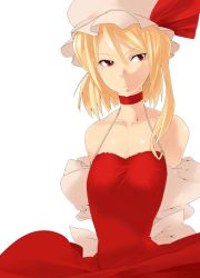 Rule 34 | 1girl, aged up, alternate costume, bad id, bad pixiv id, bare shoulders, blonde hair, choker, detached sleeves, dress, expressionless, female focus, flandre scarlet, formal, hat, hat ribbon, highres, looking away, red dress, red eyes, ribbon, short hair, side ponytail, simple background, solo, touhou, white background, zenisu