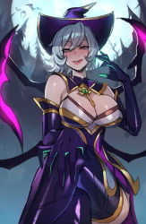Rule 34 | 1girl, :q, bat (animal), bewitching elise, blush, breasts, commentary, crossed legs, elbow gloves, elise (league of legends), english commentary, full moon, gloves, grey hair, hair between eyes, hat, highres, large breasts, league of legends, leotard, licking lips, looking at viewer, medium hair, moon, pink eyes, purple gloves, purple hat, purple leotard, ratatatat74, sitting, skeletal wings, smile, solo, thighhighs, tongue, tongue out, wings, witch hat