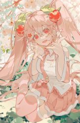 Rule 34 | hatsune miku, highres, looking at viewer, pink thighhighs, red eyes, sakura miku, sitting, solo, thighhighs, twintails, vocaloid, z3zz4