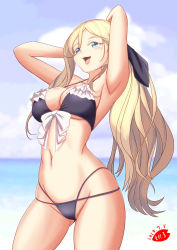 Rule 34 | 1girl, arms behind head, artist logo, beach, bikini, black bikini, blonde hair, blue eyes, blue sky, breasts, cloud, commentary request, cowboy shot, day, frilled bikini, frills, hair between eyes, kantai collection, large breasts, long hair, moke ro, mole, mole under eye, mole under mouth, navel, outdoors, richelieu (kancolle), sky, smile, solo, standing, swimsuit, very long hair