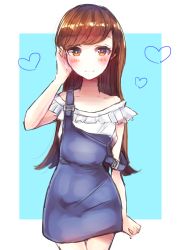 Rule 34 | 10s, 1girl, adjusting hair, akagi (kancolle), arm at side, arm up, blue background, blush, border, brown eyes, brown hair, buckle, closed mouth, collarbone, cowboy shot, dress, eyebrows, hand in own hair, highres, kantai collection, long hair, looking at viewer, mochiko (mocchikkoo), off-shoulder shirt, off shoulder, ooi (kancolle), overalls, shirt, short dress, simple background, solo, standing, strap slip, thigh gap, white border, white shirt