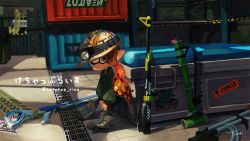 Rule 34 | 1girl, against wall, ankle boots, artist name, bamboozler 14 (splatoon), black jacket, black pants, blurry, blurry background, boots, closed mouth, commentary request, commission, cross-laced footwear, depth of field, goo tuber (splatoon), grey eyes, hard hat, helmet, hero charger (splatoon), indoors, inkling, inkling (language), inkling girl, inkling player character, jacket, lace-up boots, leaning back, long hair, looking at viewer, nintendo, orange hair, pants, pointy ears, signature, solo, splatoon (series), splatoon 2, squiffer (splatoon), standing, tarai (silica5), tentacle hair, twitter username, v arms