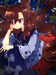 Rule 34 | 1girl, animal ears, brown hair, closed mouth, dress, fingernails, frilled sleeves, frills, head rest, highres, imaizumi kagerou, jewelry, long hair, long sleeves, looking away, nikorashi-ka, one-hour drawing challenge, red eyes, red skirt, shirt, skirt, star (symbol), star print, starry background, touhou, white shirt, wide sleeves, wolf ears