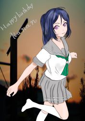 Rule 34 | 1girl, artist name, artist request, black legwear, blue hair, blush, breasts, buttons, female focus, green neckerchief, grey sailor collar, grey skirt, hair between eyes, high ponytail, highres, lainjing, long hair, looking at viewer, love live!, love live! sunshine!!, matsuura kanan, miniskirt, neckerchief, outdoors, outstretched arms, parted lips, plaid, plaid skirt, pleated skirt, ponytail, purple eyes, sailor collar, school uniform, shirt, skirt, smile, solo, standing, standing on one leg, uranohoshi school uniform, white legwear, white shirt