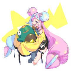 Rule 34 | 1girl, aqua hair, bellibolt, black pantyhose, blush, bow-shaped hair, character hair ornament, chochomi, creatures (company), cropped legs, game freak, hair ornament, highres, holding, holding pokemon, iono (pokemon), jacket, long hair, long sleeves, looking at viewer, multicolored hair, nintendo, open mouth, oversized clothes, pantyhose, pink eyes, pink hair, pokemon, pokemon (creature), pokemon sv, sharp teeth, simple background, single leg pantyhose, sleeves past fingers, sleeves past wrists, teeth, thigh strap, upper teeth only, very long hair, yellow jacket