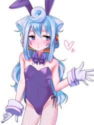 Rule 34 | 1boy, ahoge, animal ears, bad id, bad pixiv id, bare shoulders, blue hair, blush, bulge, crossdressing, crossover, detached collar, fake animal ears, fishnet pantyhose, fishnets, gloves, hacka doll, hacka doll 3, highres, leotard, long hair, looking to the side, male focus, male playboy bunny, paisen, pantyhose, playboy bunny, purple eyes, rabbit ears, simple background, solo, strapless, strapless leotard, trap, white background, white gloves