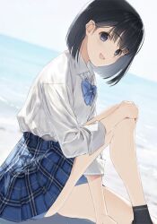 Rule 34 | 1girl, black hair, black socks, blue bow, blue bowtie, blue skirt, bow, bowtie, collared shirt, day, grey eyes, hand on own knee, highres, horizon, knee up, long sleeves, looking at viewer, nakamura takeshi, open mouth, original, outdoors, plaid, plaid skirt, school uniform, shirt, shirt tucked in, shore, short hair, sitting, skirt, smile, socks, solo, water, white shirt