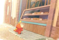 Rule 34 | bread, commentary, creatures (company), crocodile, crocodilian, day, door, english commentary, food, from side, fuecoco, game freak, grey eyes, highres, looking away, nintendo, no humans, outdoors, pokemon, pokemon (creature), profile, saino misaki, solo, sparkle, standing, storefront