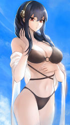 Rule 34 | 1girl, alternate hairstyle, bare shoulders, bikini, black hair, blush, breasts, gold hairband, hair down, hairband, highres, jacket, jewelry, large breasts, long hair, off shoulder, red eyes, sidelocks, solo, spy x family, swimming, swimsuit, tommy (kingdukeee), undefined, yor briar