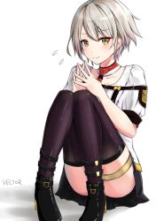 Rule 34 | 1girl, black thighhighs, blush, collarbone, full body, girls&#039; frontline, highres, interlocked fingers, looking at viewer, mango (mgo), pigeon-toed, short hair, sitting, solo, steepled fingers, thigh strap, thighhighs, thighs, vector (girls&#039; frontline), white hair, yellow eyes, zettai ryouiki