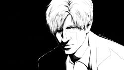 1boy absurdres black_background greyscale highres james_sunderland looking_at_viewer male_focus monochrome portrait short_hair signature silent_hill_(series) silent_hill_2 suiko1977 upper_body