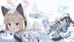 4girls absurdres animal_ear_headphones animal_ears aris_(blue_archive) black_hair blonde_hair blue_archive cat_ear_headphones commentary fake_animal_ears halo hashtag-only_commentary headphones highres hmj0128 jacket locker long_bangs mechanical_halo midori_(blue_archive) mittens momoi_(blue_archive) motion_blur motion_lines multiple_girls open_clothes open_jacket outdoors rectangular_halo red_eyes snow_on_head snowball snowball_fight snowman yuuka_(blue_archive)