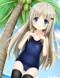Rule 34 | 1girl, black thighhighs, blue eyes, blue one-piece swimsuit, blush, brown hair, cloud, fingers together, hair ornament, hairclip, highres, kud wafter, little busters!, long hair, noumi kudryavka, old school swimsuit, one-piece swimsuit, outdoors, palm tree, pout, resolution mismatch, school swimsuit, sky, solo, source smaller, swimsuit, thigh gap, thighhighs, thighs, tree