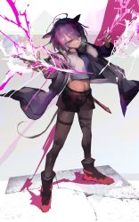Rule 34 | 1girl, 2022, absurdres, animal ears, black shorts, cat ears, cat girl, cat tail, closed mouth, commission, dagger, full body, highres, holding, holding dagger, holding knife, holding weapon, jacket, kensei (v2), knife, magic, open clothes, open jacket, original, pantyhose, pixiv commission, purple hair, shirt, shoes, shorts, solo, standing, tail, weapon, whiskers, white shirt