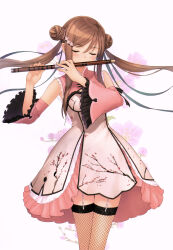 Rule 34 | 1girl, absurdres, bare shoulders, blush, branch, brown hair, chun-mei (tony taka), detached sleeves, double bun, dress, fishnet thighhighs, fishnets, floral background, floral print, flower, flute, frills, garter straps, hair bun, hair ornament, hairclip, highres, instrument, long hair, original, pink dress, scan, shiny skin, sidelocks, simple background, sleeveless, sleeveless dress, solo, thighhighs, tony taka, twintails, wide sleeves