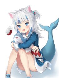 Rule 34 | 1girl, absurdres, animal ears, ass, bloop (gawr gura), blue eyes, blue hair, cat ears, fins, fish tail, gawr gura, gawr gura (1st costume), grey hair, hair ornament, highres, hololive, hololive english, hood, hoodie, long hair, long sleeves, looking at viewer, multicolored hair, nekopurin (nyanko prin), open mouth, shark girl, shark tail, shoes, smile, solo, streaked hair, tail, teeth, virtual youtuber, white hood