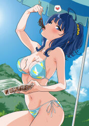 1girl ahoge arched_back arm_up bikini blue_bikini blue_eyes blue_hair blue_sky blush breasts chopsticks cleavage cloud cloudy_sky day eating food food_on_body food_on_breasts hashiguchi_takashi highres holding holding_chopsticks holding_food looking_at_viewer make_heroine_ga_oo_sugiru! medium_breasts medium_hair mountain navel noodles open_mouth outdoors ponytail sexually_suggestive side-tie_bikini_bottom sky solo sweat swimsuit tongue tongue_out yakisoba yanami_anna