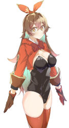 Rule 34 | 1girl, absurdres, amber (genshin impact), arms at sides, black leotard, bow, bow hairband, bowtie, breasts, brown eyes, brown gloves, brown hair, cleavage, closed mouth, colored inner hair, cropped jacket, crossed bangs, e sky rugo, genshin impact, gloves, hair bow, hairband, highres, hood, hooded jacket, jacket, large breasts, leotard, long hair, looking at viewer, multicolored hair, open clothes, open jacket, red bow, red bowtie, red thighhighs, simple background, smile, solo, thighhighs, very long hair, white background