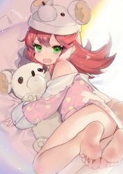Rule 34 | 1girl, animal hat, ash arms, blush, embarrassed, fang, feet, green eyes, hair between eyes, hat, highres, lying, maus (ash arms), medium hair, miebao, on side, open mouth, pajamas, red hair, solo, stuffed animal, stuffed toy