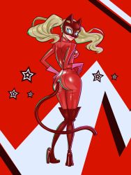 Rule 34 | 1girl, ass, blonde hair, blue eyes, bodysuit, boots, breasts, earrings, gloves, high heel boots, high heels, highres, jewelry, long hair, mask, persona, persona 5, solo, star (symbol), tail, takamaki anne, thighhighs, twintails