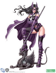 Rule 34 | 1girl, armor, belt, belt pouch, black hair, blue eyes, boots, breast hold, breasts, cape, clothing cutout, copyright name, dc comics, elbow gloves, emblem, female focus, floating hair, full body, gargoyle, gloves, helena bertinelli, high heels, highres, holding, huntress (dc), impossible clothes, impossible leotard, knee pads, large breasts, leg lift, leotard, lips, lipstick, long hair, looking at viewer, makeup, mask, midriff, navel, navel cutout, platform footwear, pouch, shin guards, shoes, simple background, smile, solo, staff, standing, statue, strap, superhero costume, thighhighs, utility belt, warner bros, watermark, weapon, white background, yamashita shun&#039;ya