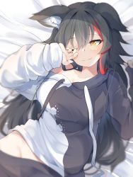 Rule 34 | 1girl, amato 0321, animal ear fluff, animal ears, bed sheet, black hair, black hoodie, blush, breasts, collarbone, fang, fang out, groin, highres, hololive, hood, hoodie, large breasts, long hair, lying, multicolored hair, no panties, on back, ookami mio, ookami mio (casual), red hair, skin fang, solo, streaked hair, two-tone hoodie, virtual youtuber, waking up, white hoodie, wolf ears, wolf girl, yellow eyes