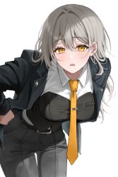 1girl alternate_costume belt black_belt black_jacket black_pants black_vest blush breasts cowboy_shot d: felicia8 grey_hair hand_on_own_hip highres honkai:_star_rail honkai_(series) jacket leaning_forward long_hair looking_at_viewer medium_breasts necktie open_mouth pants shirt simple_background solo stelle_(honkai:_star_rail) trailblazer_(honkai:_star_rail) vest white_background white_shirt yellow_eyes yellow_necktie