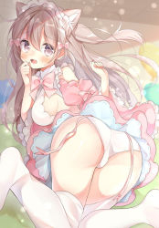 Rule 34 | ass, bare shoulders, bent over, blush, bow, breasts, brown hair, clenched hands, embarrassed, frilled sleeves, frills, furrowed brow, garter straps, gau (n00 shi), hair between eyes, hair bow, hand on own face, long hair, maid, maid headdress, no bra, open mouth, original, panties, pantyshot, petticoat, pink skirt, sideboob, skirt, solo, thighhighs, two side up, underwear, upskirt, white panties, white thighhighs