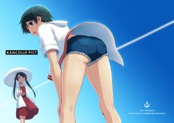 Rule 34 | 2girls, alternate costume, ass, blue sky, commentary request, contrail, cutoffs, denim, denim shorts, dress, feet out of frame, from behind, from below, gradient sky, green eyes, green hair, hood, hooded jacket, hoodie, jacket, kantai collection, leaning forward, long hair, mikuma (kancolle), mogami (kancolle), multiple girls, nao (nao eg), official alternate costume, parasol, red dress, short hair, short shorts, shorts, sky, swept bangs, twintails, umbrella, white jacket, white umbrella
