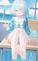 Rule 34 | 1girl, absurdres, arona (blue archive), blue archive, blue hair, blush, closed eyes, desk, feet, hair over one eye, highres, mako (makoda), medium hair, multicolored hair, open mouth, panties, pantyhose, pantyshot, school desk, sitting, soles, streaked hair, striped clothes, striped panties, toes, underwear, white pantyhose