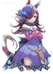 Rule 34 | 1girl, animal ears, bare shoulders, black collar, black thighhighs, blue flower, blue hat, blue rose, blush, brown hair, closed mouth, collar, dagger, detached collar, dress, flower, fur collar, hair over one eye, hat, hat flower, highres, horse ears, horse girl, horse tail, knife, lace, lace-trimmed legwear, lace trim, long bangs, long hair, long sleeves, looking at viewer, off-shoulder dress, off shoulder, othello katze, purple eyes, purple hat, rice shower (umamusume), rose, simple background, smile, solo, standing, tail, thighhighs, tilted headwear, umamusume, weapon, white background