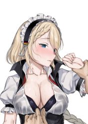 Rule 34 | 1girl, absurdres, black bra, blonde hair, blue eyes, blush, bra, braid, breasts, cleavage, closed mouth, collarbone, french braid, g36 (girls&#039; frontline), girls&#039; frontline, highres, holding, holding bra, holding clothes, holding own arm, holding underwear, kuro (zhurunbo1997), long hair, looking at viewer, maid headdress, medium breasts, open clothes, open shirt, shirt, solo, sweat, underwear, wet, wet clothes, wet shirt, white background, white shirt