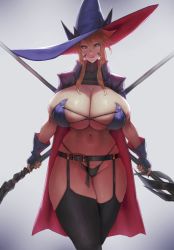 Rule 34 | 1girl, alternate costume, artoria pendragon (fate), artoria pendragon (lancer alter) (fate), blonde hair, breasts, eu03, fate/grand order, fate (series), hair between eyes, hat, highres, huge breasts, nail polish, realistic, solo, thighs, veins, veiny breasts, witch hat