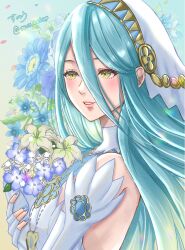 Rule 34 | 1girl, azura (fire emblem), blue hair, breasts, close-up, corrin (fire emblem), dress, elbow gloves, fingerless gloves, fire emblem, fire emblem fates, gloves, hair between eyes, hairband, jewelry, long hair, nintendo, open mouth, portrait, small breasts, smile, snow20200, solo, upper body, veil, very long hair, white dress, yellow eyes