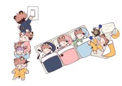 Rule 34 | &gt;3&lt;, &gt; &lt;, 4boys, animal ears, arm up, barefoot, blanket, blue pajamas, character request, chibi, closed eyes, closed mouth, grabbing another&#039;s hair, hat, highres, human tower, itadori yuuji, jujutsu kaisen, kemonomimi mode, light switch, long sleeves, lying, male focus, messy sleeper, multiple boys, multiple persona, nightcap, nose bubble, on back, on side, open mouth, pajamas, pillow, pink hair, pink pajamas, short hair, simple background, sleeping, smile, spiked hair, stacking, standing, standing on shoulder, tail, tiger ears, tiger tail, tootigee, turn pale, under covers, undercut, white background, yellow pajamas