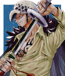 Rule 34 | 1boy, arm up, black hair, brown eyes, chest tattoo, closed mouth, coat, collarbone, drawing sword, dripping, earrings, facial hair, finger tattoo, fingernails, fur coat, goatee, hand tattoo, hat, highres, holding, holding sheath, holding sword, holding weapon, jewelry, living (pixiv5031111), long sideburns, looking afar, male focus, one piece, pectorals, rain, scabbard, see-through, sheath, shirt, sideburns, solo, sword, tattoo, trafalgar law, unsheathing, upper body, v-shaped eyebrows, water, weapon, wet, wet clothes, wet floor, wet shirt