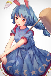 Rule 34 | 1girl, animal ears, blue dress, blue hair, braid, dress, gradient background, highres, kine, looking at viewer, mallet, open mouth, puffy short sleeves, puffy sleeves, rabbit ears, red eyes, seiran (touhou), shone, short sleeves, smile, solo, touhou