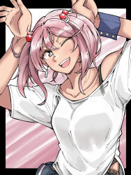 Rule 34 | 1girl, alternate costume, collarbone, hair bobbles, hair ornament, highres, kantai collection, looking at viewer, matuki-san, one eye closed, open mouth, pink eyes, pink hair, rabbit pose, sazanami (kancolle), shirt, short hair, smile, solo, teeth, twintails, upper body, upper teeth only, white shirt, wristband
